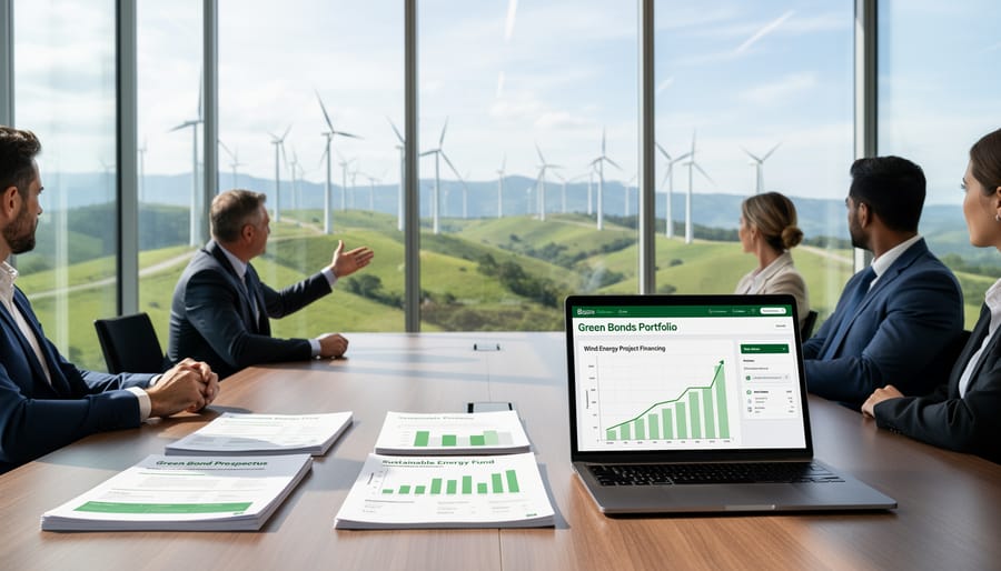 Business professional signing green energy financing documents at office desk