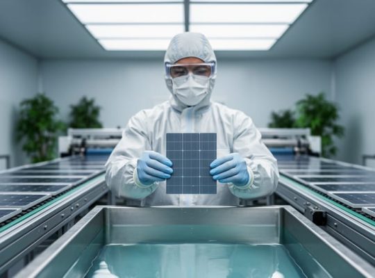 Cleanroom technician in protective suit holding a silicon wafer above a clear liquid bath on an automated solar panel production line, with conveyors of cells and softly lit indoor plants blurred in the background.