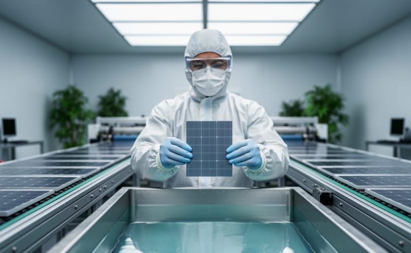 Cleanroom technician in protective suit holding a silicon wafer above a clear liquid bath on an automated solar panel production line, with conveyors of cells and softly lit indoor plants blurred in the background.