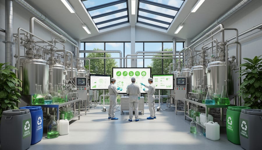 Modern solar panel production facility with worker inspecting panels on assembly line