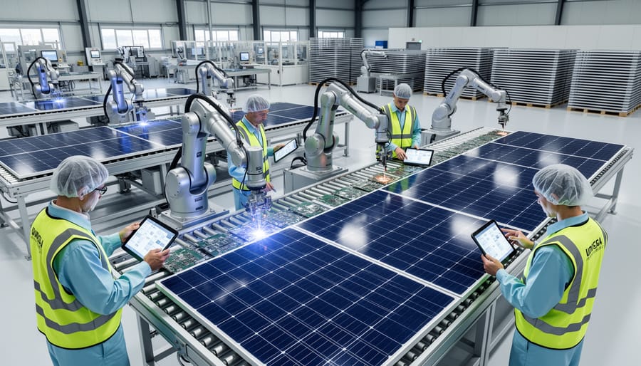 Technician working with collaborative robot in solar panel manufacturing facility