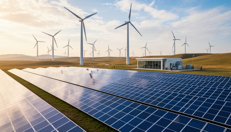 Aerial view of combined wind and solar energy installation in agricultural landscape