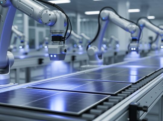 Robotic arms and laser metrology sensors inspect silicon solar cells on a moving conveyor inside a modern, spotless solar panel manufacturing line, with automated stations fading into the background.