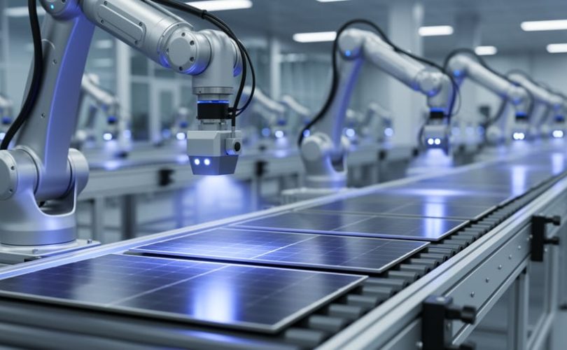 Robotic arms and laser metrology sensors inspect silicon solar cells on a moving conveyor inside a modern, spotless solar panel manufacturing line, with automated stations fading into the background.