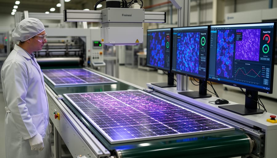Electroluminescence imaging system scanning solar cell with glowing blue patterns visible