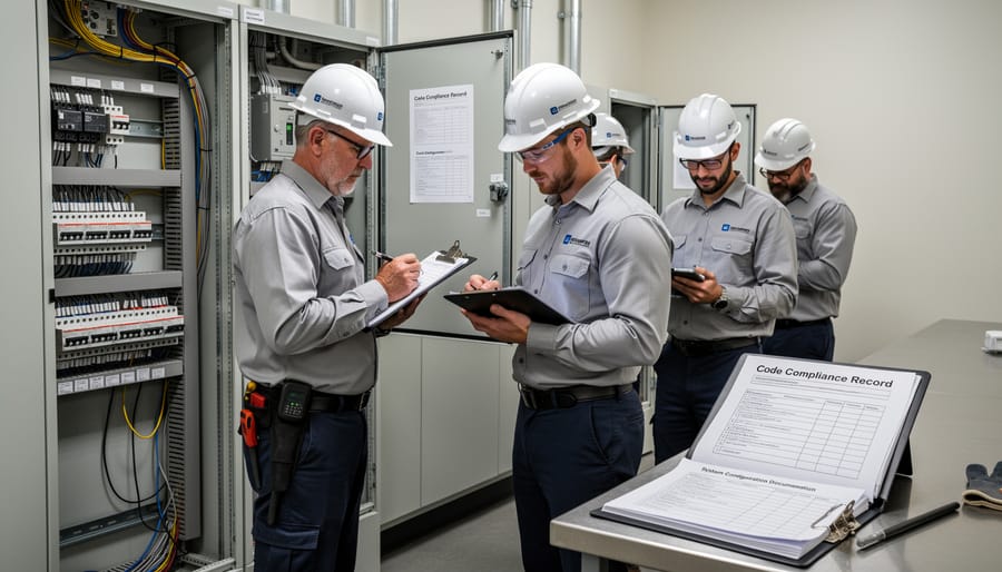 Solar installation technician documenting electrical panel installation with smartphone and checklist