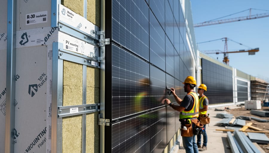 Construction worker installing rigid foam insulation on residential roof deck during solar preparation