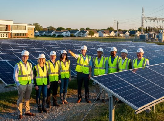 Group of community officials and a solar developer in reflective vests beside rows of solar panels at sunset, gesturing toward nearby town buildings and utility lines to represent a shared community solar project.