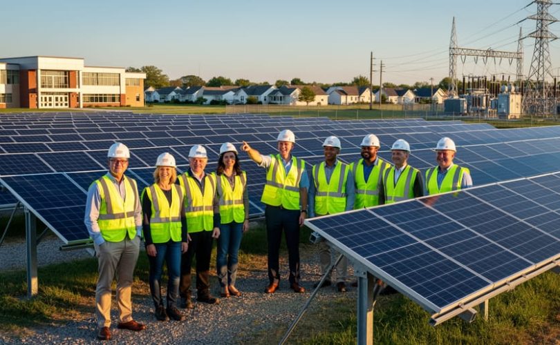 Group of community officials and a solar developer in reflective vests beside rows of solar panels at sunset, gesturing toward nearby town buildings and utility lines to represent a shared community solar project.