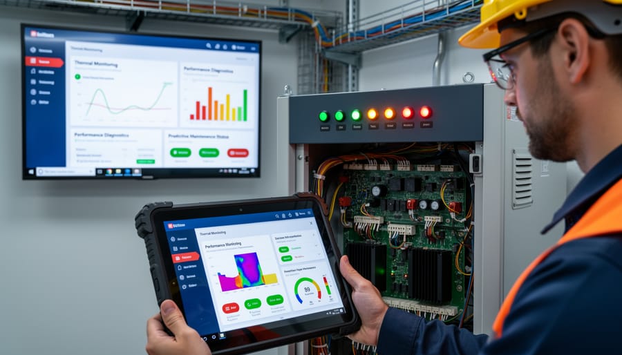 Technician performing thermal diagnostic inspection on T-type solar inverter