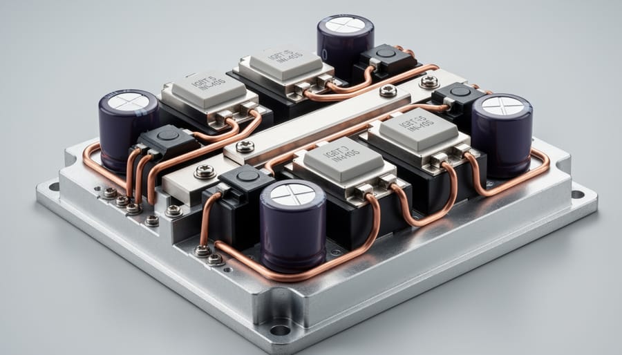 Close-up of power semiconductor components and circuit board inside solar inverter