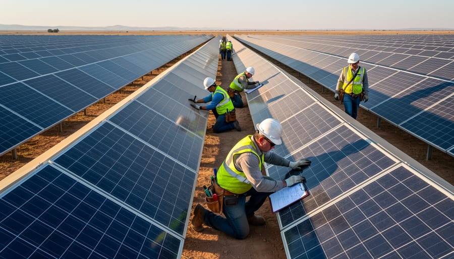 Maintenance worker manually inspecting rows of solar panels at utility-scale installation