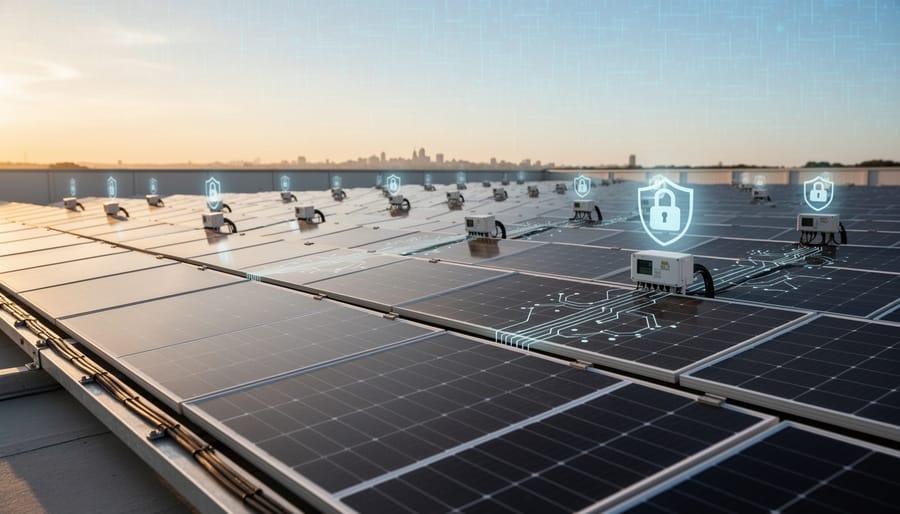 Microinverter device mounted under solar panel showing electronic components