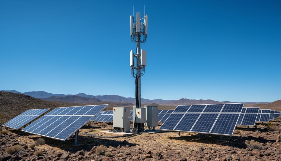 Telecommunications base station with solar panels in mountainous remote terrain at sunset