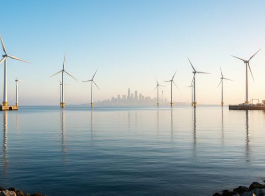 Offshore wind turbines in calm sea at golden hour with a distant modern city skyline on the horizon, warm light reflecting on the water.