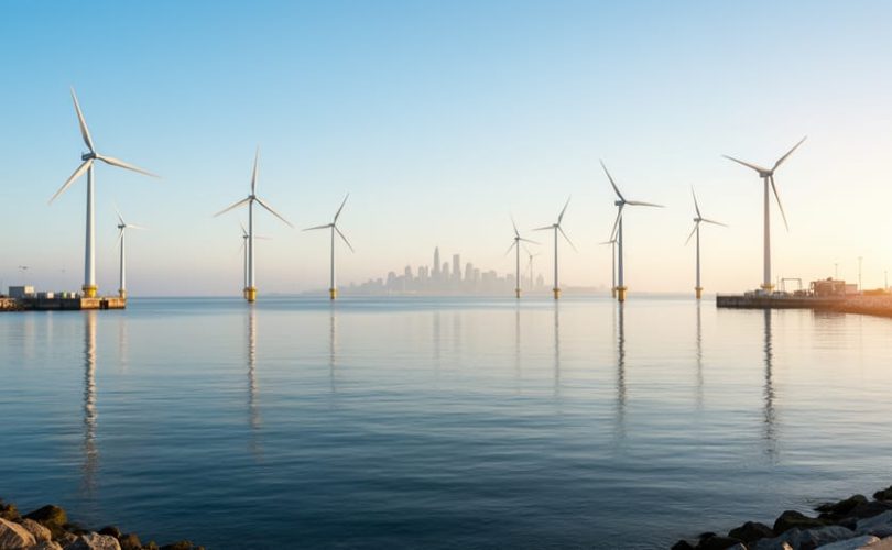 Offshore wind turbines in calm sea at golden hour with a distant modern city skyline on the horizon, warm light reflecting on the water.