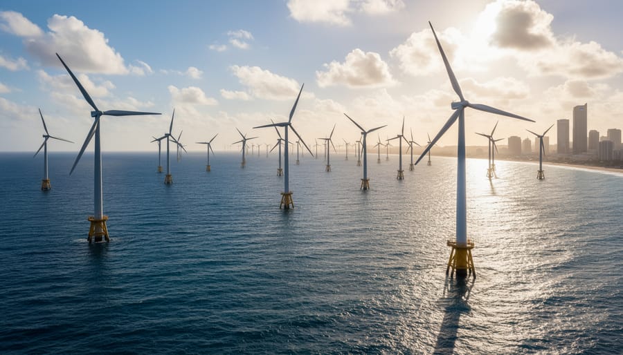 Offshore wind turbines standing in ocean waters during golden hour