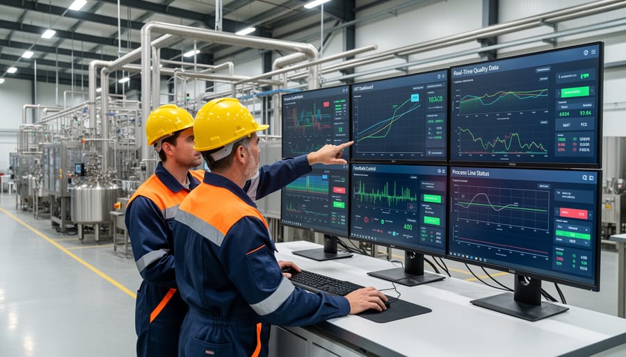 Technician monitoring real-time production data on multiple screens in solar manufacturing facility