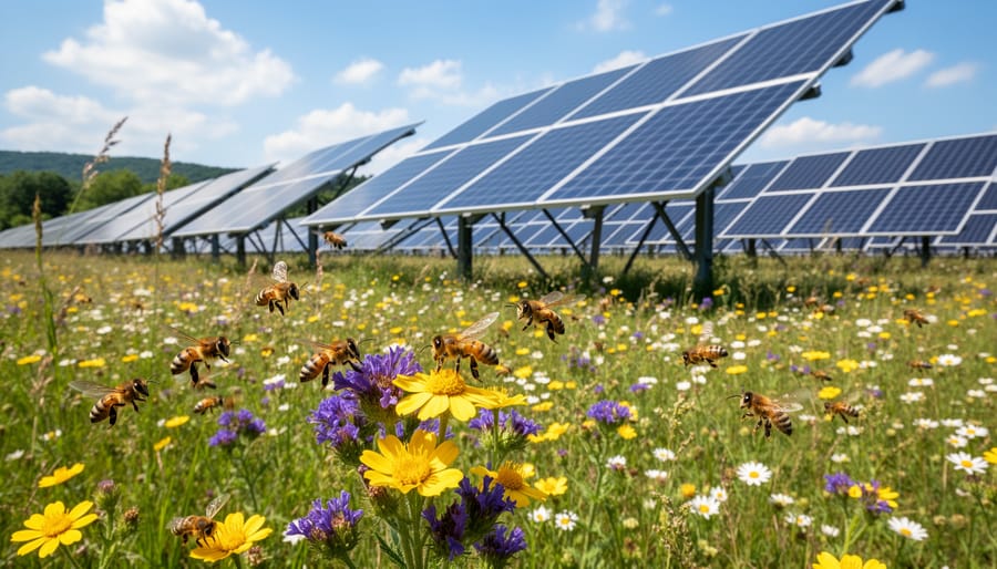 Honeybee pollinating wildflower at solar installation site
