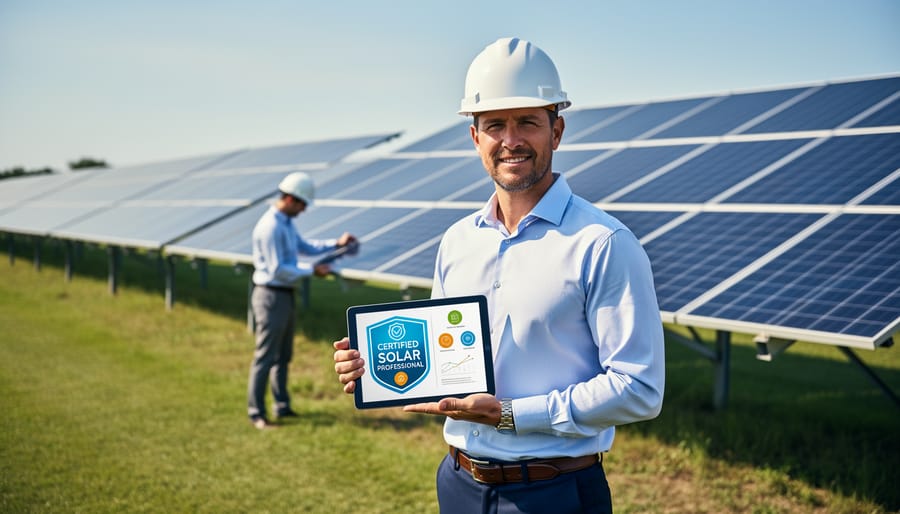 Professional holding CMQ/OE certification document with solar equipment