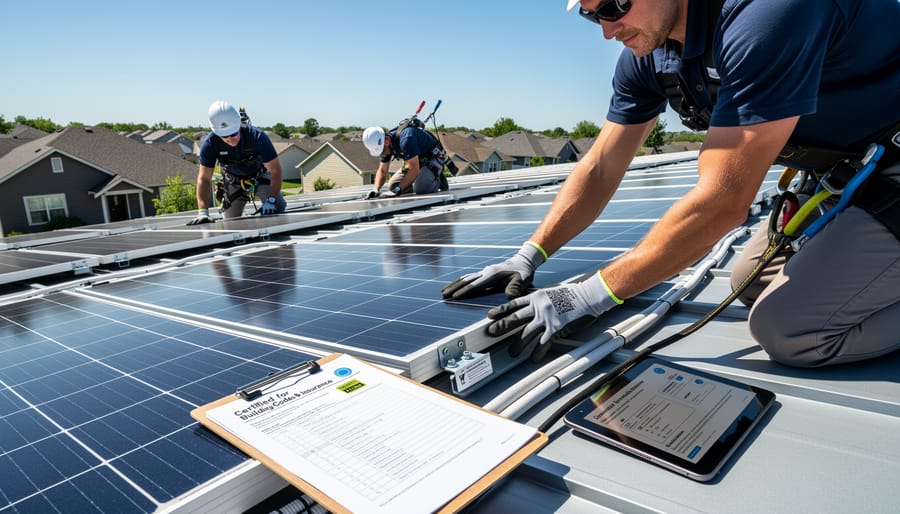 Solar installer on roof holding certified bifacial solar panel against sky