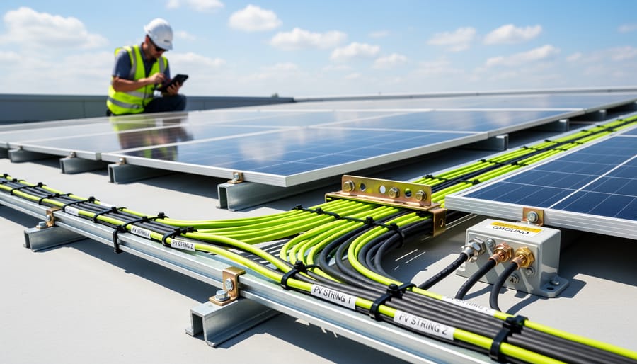 Close-up of DC cables and grounding connections at solar array junction box