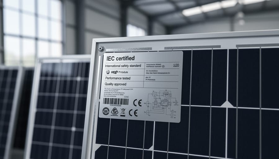 Close-up of certification label on back of solar panel showing compliance marks