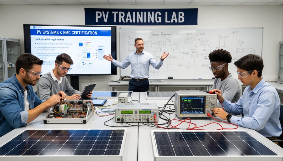 Engineering students learning about solar equipment testing and certification in university laboratory
