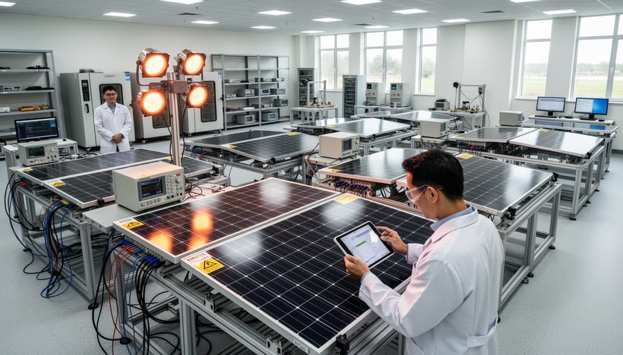Industrial facility showing solar panel testing equipment with crystalline silicon modules