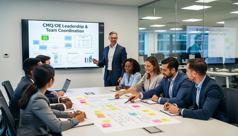 Solar operations team collaborating on quality management procedures at PV facility