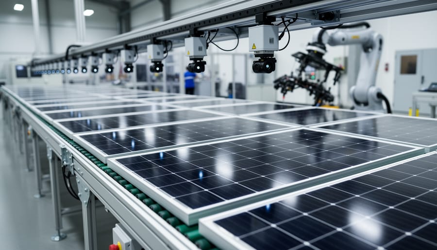 High-efficiency solar panels with uniform blue cells arranged on inspection table in manufacturing facility