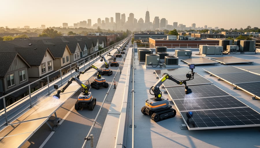 Robotic maintenance system operating on residential rooftop solar panel installation