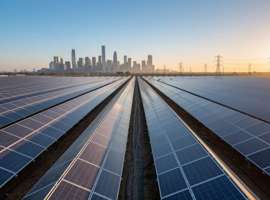 Low-angle view of an expansive solar farm at sunset with long shadows, panels leading toward a faint city financial skyline and transmission towers in the distance.