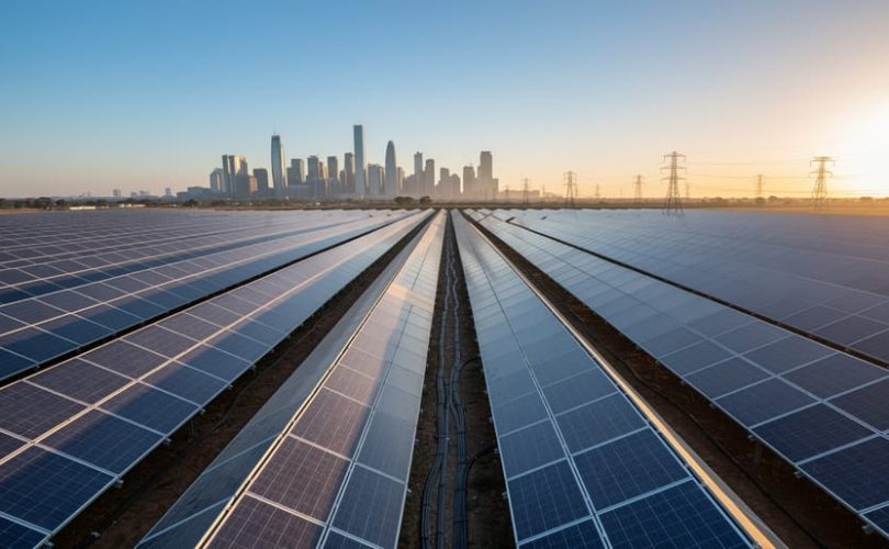 Low-angle view of an expansive solar farm at sunset with long shadows, panels leading toward a faint city financial skyline and transmission towers in the distance.
