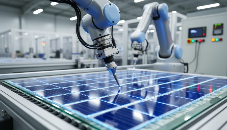 Robotic arm precisely handling a blue solar cell on automated manufacturing line