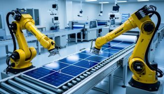Two industrial robotic arms place blue silicon solar cells onto an automated conveyor inside a cleanroom solar panel factory, with machine vision cameras and a long production line softly blurred in the background.