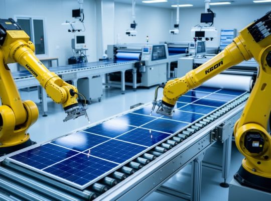 Two industrial robotic arms place blue silicon solar cells onto an automated conveyor inside a cleanroom solar panel factory, with machine vision cameras and a long production line softly blurred in the background.