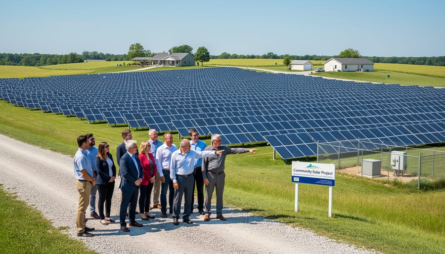 Aerial view of extensive solar panel array serving multiple partner communities