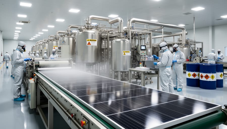 Laboratory technician in protective gear examining silicon wafer during solar panel manufacturing