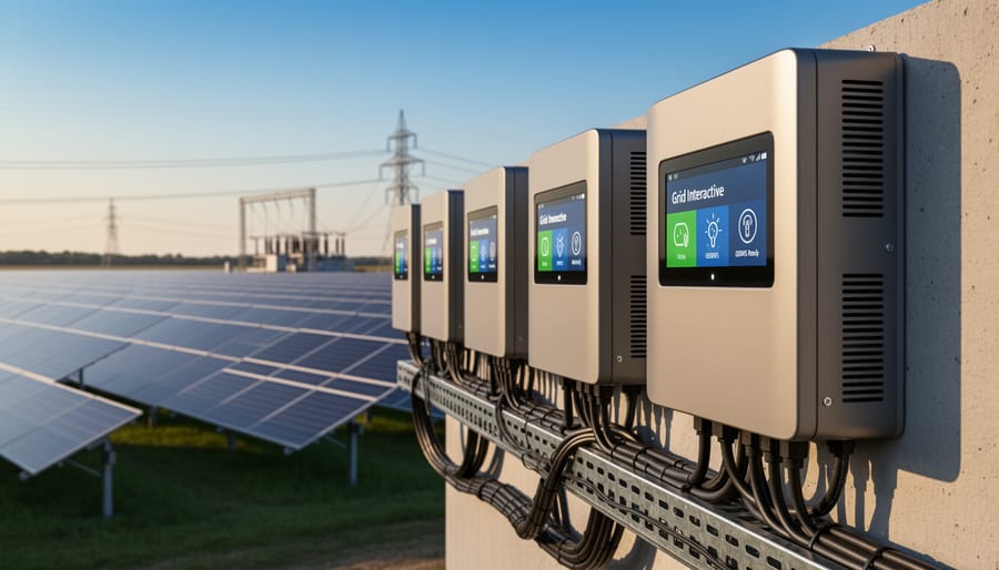 Close-up of modern smart solar inverter with control interface and status indicators