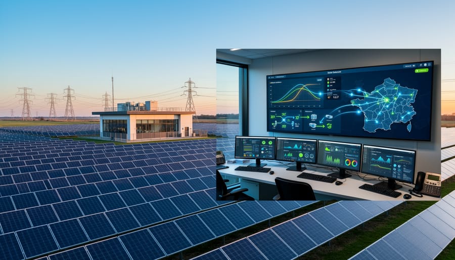 Large-scale solar panel array installation with multiple rows extending across landscape