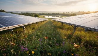 Rows of solar panels elevated above a colorful native wildflower meadow with bees and butterflies at golden hour, viewed from ground level with rolling hills and a hedgerow in the distance.