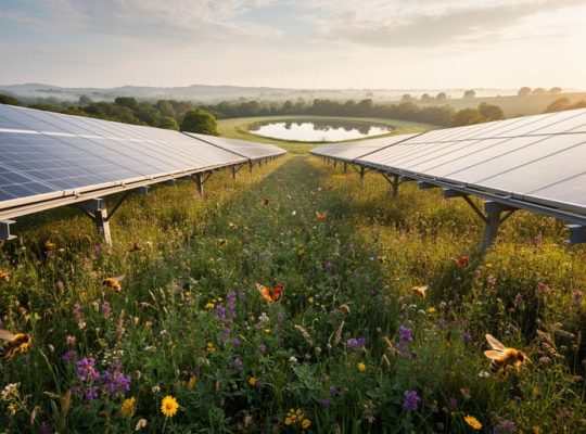 Rows of solar panels elevated above a colorful native wildflower meadow with bees and butterflies at golden hour, viewed from ground level with rolling hills and a hedgerow in the distance.