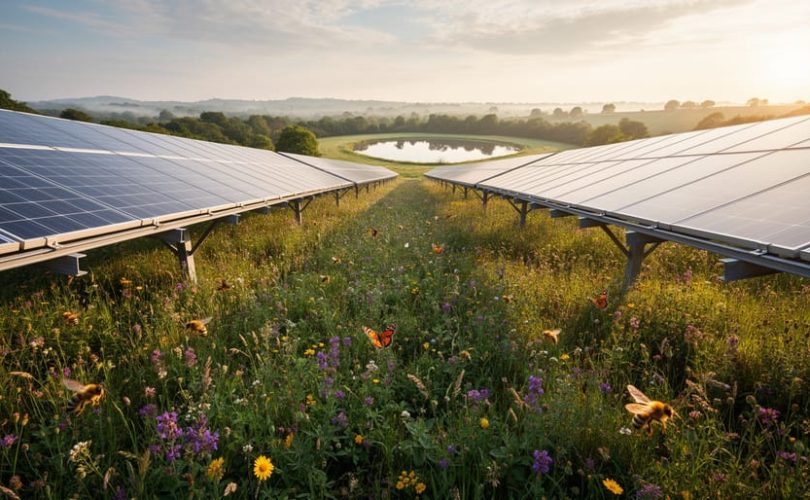 Rows of solar panels elevated above a colorful native wildflower meadow with bees and butterflies at golden hour, viewed from ground level with rolling hills and a hedgerow in the distance.