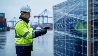 Customs inspector wearing gloves scans a shrink-wrapped pallet of solar panels at a seaport; background cargo containers and cranes are blurred with no readable markings.