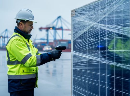 Customs inspector wearing gloves scans a shrink-wrapped pallet of solar panels at a seaport; background cargo containers and cranes are blurred with no readable markings.