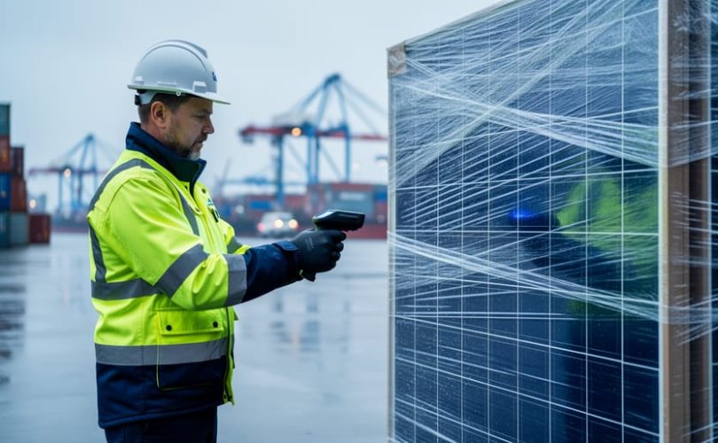 Customs inspector wearing gloves scans a shrink-wrapped pallet of solar panels at a seaport; background cargo containers and cranes are blurred with no readable markings.