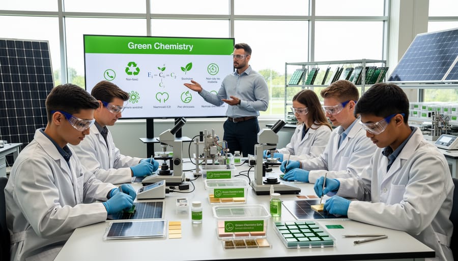 Engineering students learning about green chemistry applications in solar panel manufacturing