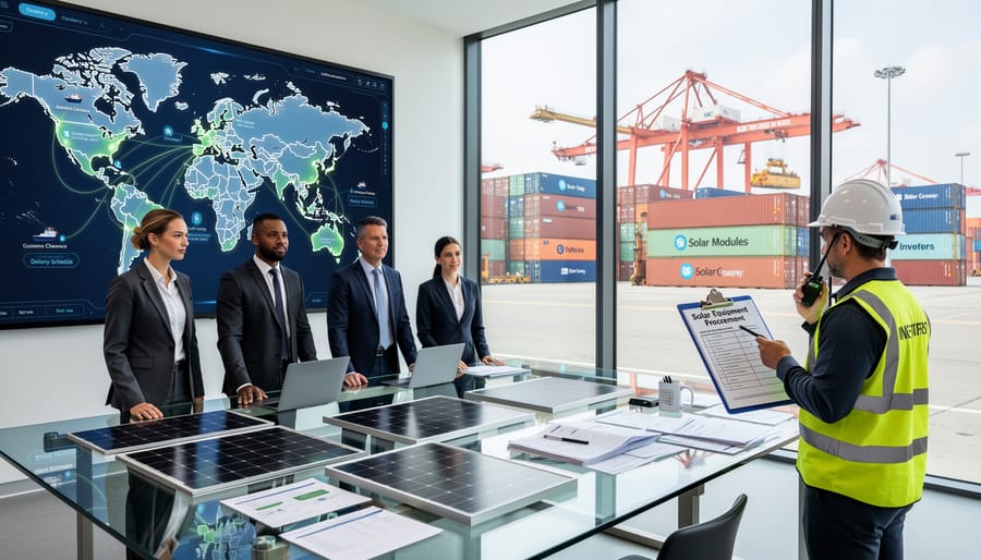 Solar panels on pallets at shipping port with cargo containers in background