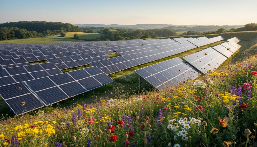 Solar panel array with native wildflowers and grasses growing beneath panels